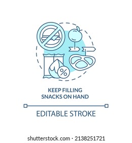 Keep filling snacks on hand turquoise concept icon. Approaches to healthy diet abstract idea thin line illustration. Isolated outline drawing. Editable stroke. Arial, Myriad Pro-Bold fonts used