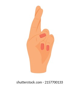 Mantener los dedos cruzados elemento vector de color semiplano. Objeto de tamaño completo en blanco. Símbolo de superstición. Falsa promesa. Obtener suerte ilustración simple de estilo de dibujos animados para diseño gráfico web y animación