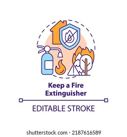 Keep Fire Extinguisher Concept Icon. Surviving Wildfire At Home Abstract Idea Thin Line Illustration. Emergency Situations. Isolated Outline Drawing. Editable Stroke. Arial, Myriad Pro-Bold Fonts Used