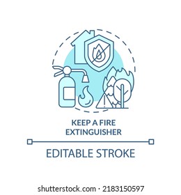 Keep Fire Extinguisher Turquoise Concept Icon. Surviving Wildfire At Home Abstract Idea Thin Line Illustration. Emergency. Isolated Outline Drawing. Editable Stroke. Arial, Myriad Pro-Bold Fonts Used