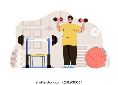 Keep fit concept. Man exercising with dumbbells, doing workouts in gym situation. Healthy lifestyle, wellness people scene. Vector illustration with flat character design for website and mobile site