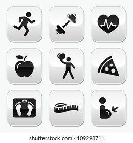 Keep fit and healthy icons on glossy buttons