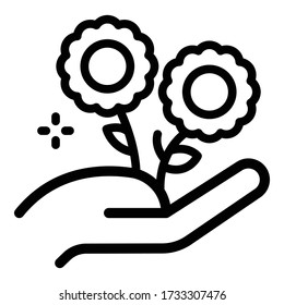 Keep flower in hand icon. Outline keep flower in hand vector icon for web design isolated on white background