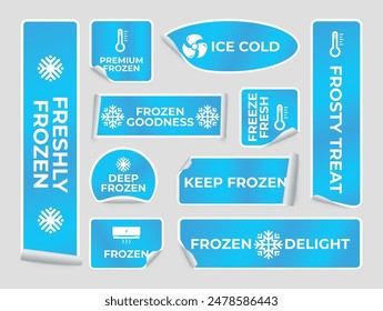 Keep frozen blue peel off stickers snowflakes design template set realistic vector illustration. Cold temperature fresh delight freezer alertness refrigerator freshness package label different shape