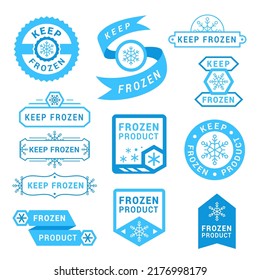 Keep frozen emblem set blue monochrome decorative design vector illustration. Frost product badge different geometric shapes and ribbon. Cool snowflake indicator label package freezer quality sticker