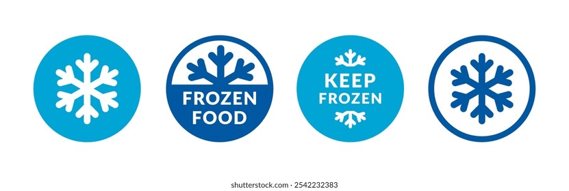 Manter a coleção de rótulos de círculo de vetor de alimentos congelados. Símbolo de ícones planos em floco de neve azul para pacotes, adesivos, web, emblemas, logotipo, banners, cartazes.	