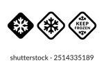 Keep frozen food vector label set. Snowflake flat black icons on rhomboid shape symbol for packages, stickers, web, badges, logo, banner, poster.	