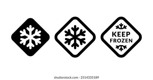 Keep frozen food vector label set. Snowflake flat black icons on rhomboid shape symbol for packages, stickers, web, badges, logo, banner, poster.	