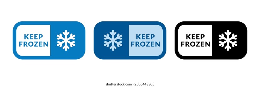 Keep frozen food vector labels. Blue snowflake flat icon symbol for packages, stickers, web, badges, logo, banner, poster.