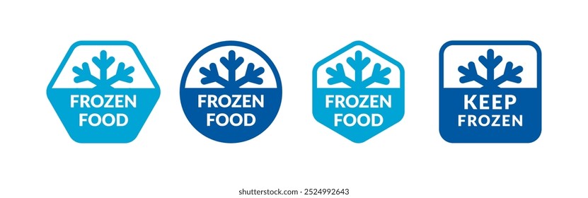 Manter a coleção de rótulos de vetor de alimentos congelados. Símbolos de ícone plano floco de neve azul e azul escuro definidos para pacotes, adesivos, web, emblemas, logotipo, banner, cartaz.