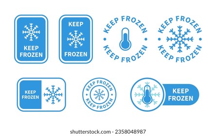 Keep frozen label. Keep frozen - badges for product. Sticker with snowflake and thermometer. Storage in refrigerator and freezer. Vector set