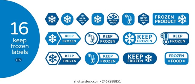 Keep Frozen Label Set with Cold Temperature on Blue Thermometer and Snowflake Icon Vector Illustration on White Background. Cold Weather Flat Sign Collection. Storage in refrigerator and freezer.