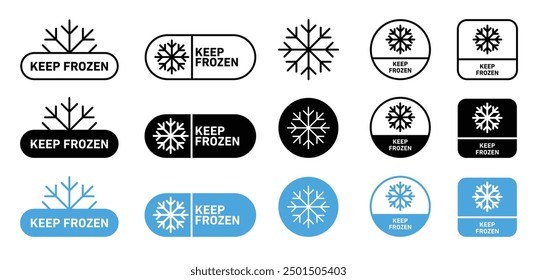 Keep frozen label set. Storage in refrigerator and freezer badges for product. keep temperature low symbols in black and blue colors. store in cold place label collection.