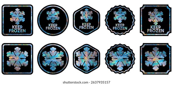 Keep Frozen labels collection with holographic background. Holographic stickers for product packaging. Frozen food logos. Colorful Keep Frozen badges. Icons with snowflakes. Vector illustration EPS10