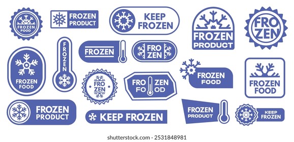 Keep frozen labels. Stickers with thermometer for cold temperature, frozen ice icons for refrigerated food packaging design. Vector set.