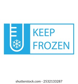 Keep frozen product label for frozen food isolated on white background. Keep in fridge stamp, emblem. Refrigerator only sign, symbol. Snowflake tag. Thermometer temperature