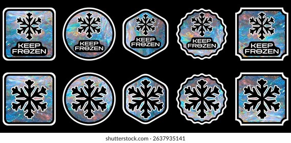 Keep Frozen sticker set with holographic background. Holographic labels for packaging products. Frozen food logo. Colorful Keep Frozen badges. Icons with snowflakes. Vector illustration EPS10