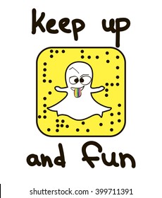 keep up and fun. happy monster for t-shirt. vector, snapchat, selfie using smartphone. Selfie icon