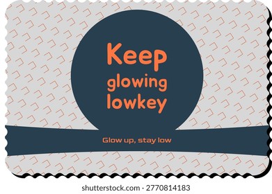 KEEP GLOWING LOWKEY retro cold war tech typography clean background, winged emblem, outlined text frame, chevron edge strip, pill grid edge accents, stamp edge with concrete, steel blue, dark charcoal, signal orange