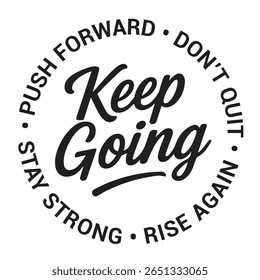 Continue, empurre para frente, não saia, levante-se novamente, continue forte, citação de design inspiradora, citações motivacionais, citações de letras de ilustração tipográfica