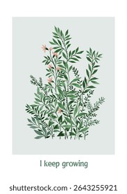 I keep growing. Branch of leaves with flower. Line drawing. Vector