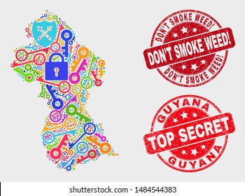 Keep Guyana map and seal stamps. Red rounded Top Secret and Don'T Smoke Weed! grunge seal stamps. Colored Guyana map mosaic of different secure elements. Vector combination for keeping purposes.