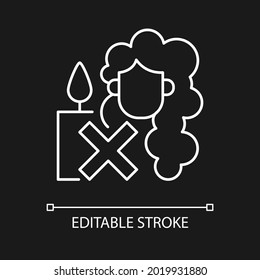 Keep hair away white linear manual label icon for dark theme. Thin line customizable illustration for product use instructions. Isolated vector contour symbol for night mode. Editable stroke