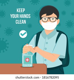 Keep hands clean disinfection concept for school. Schoolboy disinfecting hands with wearing a mask. Using antiseptic gel to clean hands and prevent germs. Applying a sanitizer Flat Vector illustration