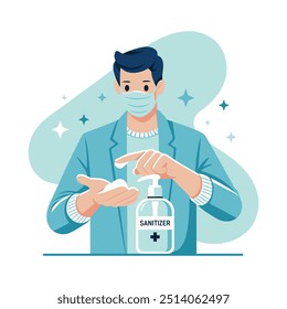 Keep hands clean disinfection concept. Man disinfecting hands with wearing a mask. Using antiseptic gel to clean hands and prevent germs. Applying a moisturizing sanitizer. Flat vector illustration.