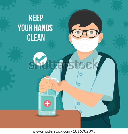 Keep hands clean disinfection concept for school. Schoolboy disinfecting hands with wearing a mask. Using antiseptic gel to clean hands and prevent germs. Applying a sanitizer Flat Vector illustration