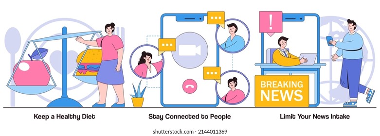Keep a healthy diet, stay connected to people, and limit your news intake concepts with people characters. Self-quarantine wellbeing illustration pack. Home cooking, social media connections metaphor.