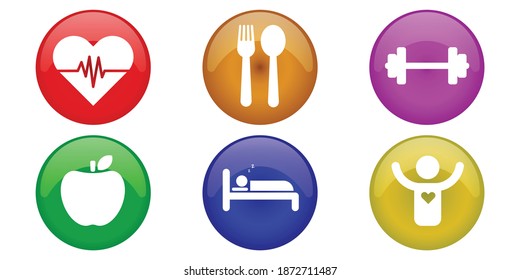 Keep Healthy Icon Set. Glossy Button Set Isolated In White. Good For Icon, Sticker. 