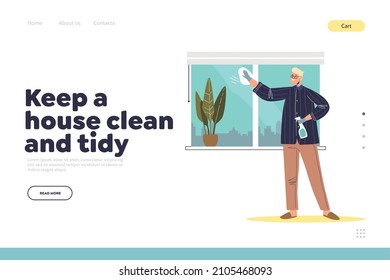 Keep house clean and tidy concept of landing page with man washing windows at home. Young male busy with housekeeping chores. Household activities. Cartoon flat vector illustration
