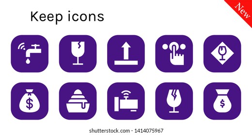 keep icon set. 10 filled keep icons.  Collection Of - Faucet, Fragile, Side up, Tap, Money bag, Frozen