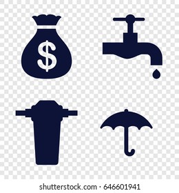 Keep icons set. set of 4 keep filled icons such as money sack, tap
