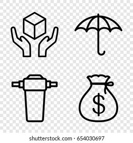Keep icons set. set of 4 keep outline icons such as money sack, keep dry cargo, handle with care