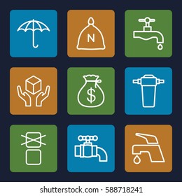 keep icons set. Set of 9 keep outline icons such as sack, Money sack, tap, keep dry cargo, handle with care