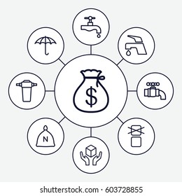 Keep icons set. set of 9 keep outline icons such as sack, Money sack, tap, keep dry cargo, handle with care