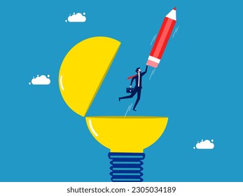 Keep up with innovation and lifelong learning. Businessman flies with a pencil on a stack of books in a light bulb