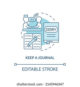 Keep journal turquoise concept icon. Trauma overcoming way. Coping with PTSD abstract idea thin line illustration. Isolated outline drawing. Editable stroke. Arial, Myriad Pro-Bold fonts used