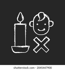 Keep kids away from candles chalk white manual label icon on dark background. Constant supervision under children. Isolated vector chalkboard illustration for product use instructions on black