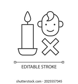 Keep kids away from candles linear manual label icon. Supervision. Thin line customizable illustration. Contour symbol. Vector isolated outline drawing for product use instructions. Editable stroke
