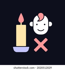 Keep kids away from candles RGB color manual label icon for dark theme. Isolated vector illustration on night mode background. Simple filled line drawing on black for product use instructions