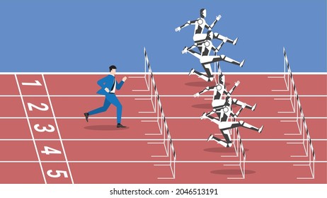 Keep up with the latest technology concept. The faster robots jumping overcome obstacles by running faster, better start and automation system. The loser businessman is slower and out of date people.