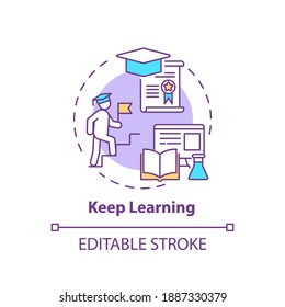 Keep learning concept icon. Boosting creative thinking tips. Getting new thoughts. Training your brain idea thin line illustration. Vector isolated outline RGB color drawing. Editable stroke
