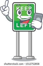 Keep Left road sign with phone mascot isolated cartoon character