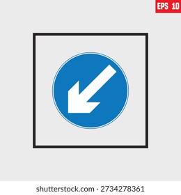 "Keep Left" traffic sign. The sign is a circular blue sign with a white arrow pointing downwards and to the left. It provides a mandatory instruction to drivers to pass an obstacle or road division on the left side. It is used to ensure controlled traffic movement and improve safety. 
