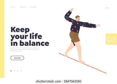 Keep life in balance concept of landing page with man walking on tightrope. Healthy lifestyle and emotional balance. Cartoon sportsman doing exercise on rope. Flat vector illustration