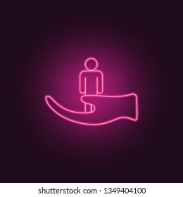 keep a man in one's hands icon. Elements of insurance in neon style icons. Simple icon for websites, web design, mobile app, info graphics