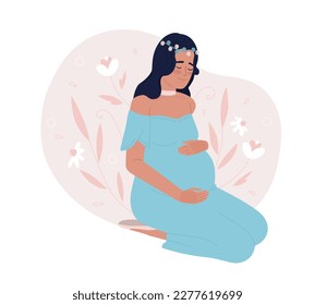 Keep mental wellbeing during pregnancy 2D vector isolated spot illustration. Soon-to-be mother hugging pregnant belly flat character on cartoon background. Colorful editable scene for mobile, website